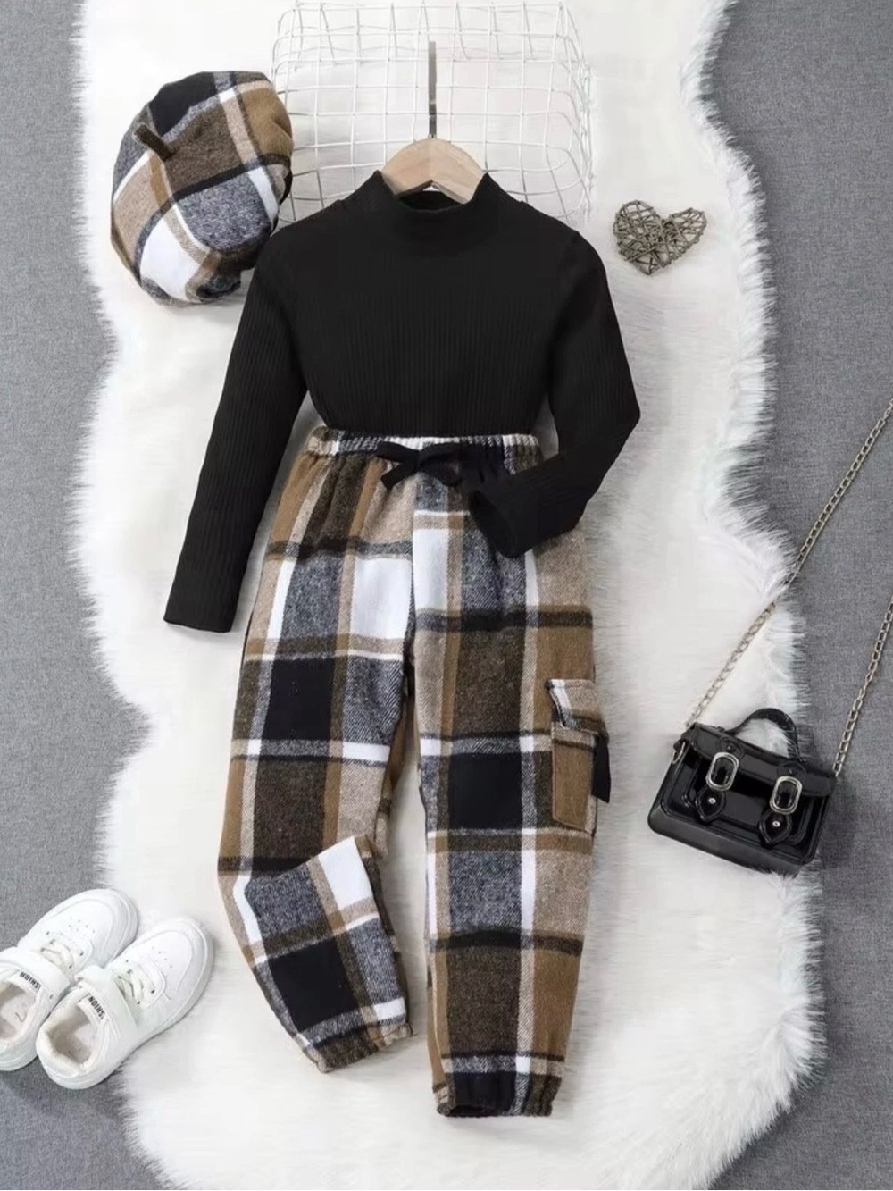 Girls 3 Piece Plaid Cargo Jogger Pants with Matching Cap - Black & Brown